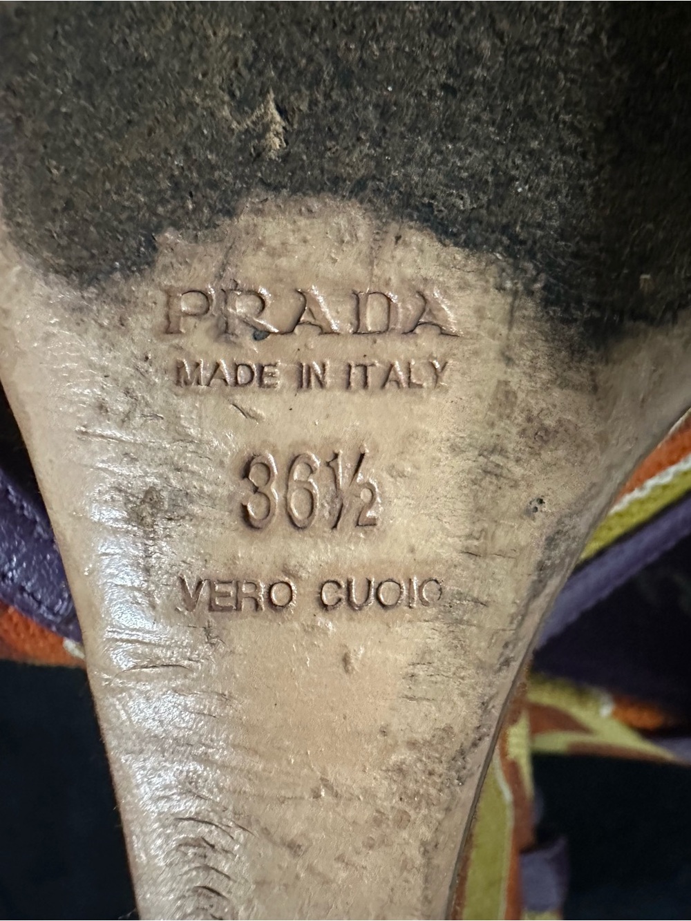 Prada vintage canvas and leather geometric print heel sandals. - Picture 5 of 6